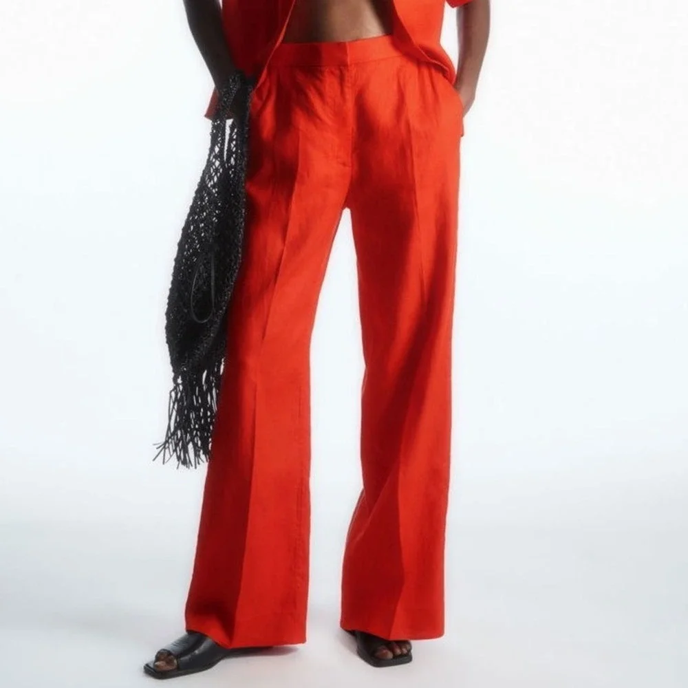 COS Orange Linen Cotton Wide Leg High Rise Waisted Trousers Pants Size 10